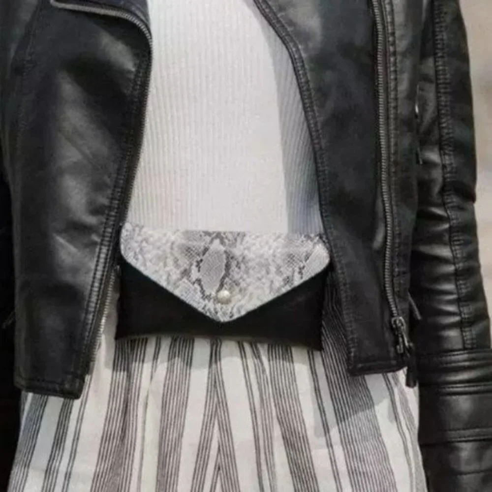 Shoulder Waist Bag Mini Bag Snakeskin Print Faux Leather Light Gray Black
